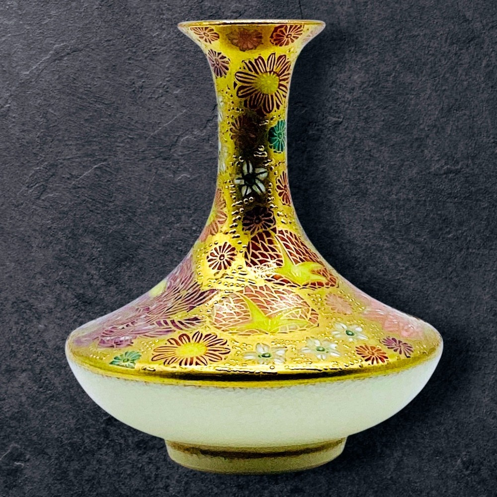 Vintage Japanese Satsuma Moriage Bud Hand Painted Mini Vase Gilded Meiji era